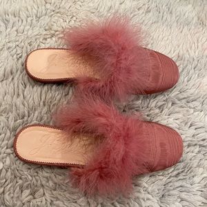 J. Crew Feather Trimmed Pink Moire Silk Mule Slides Size 9